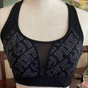 PINK Victoria's Secret Black Logo Mesh Front-Panel Sports Bra